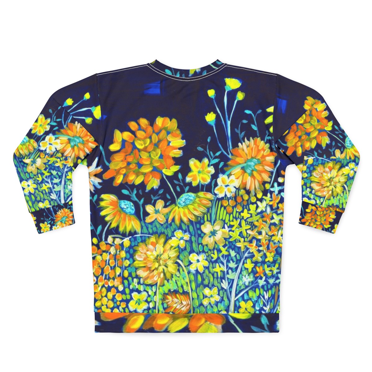 Vibrant spring night floral sweatshirt with indigo blue and yellow daisies - Back