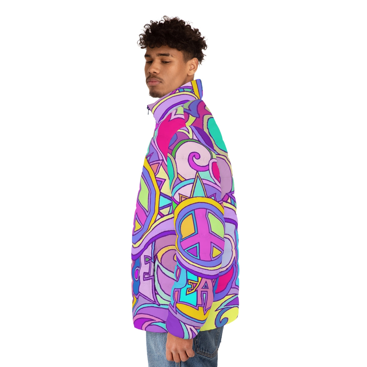 Colorful psychedelic retro puffer jacket with flower power graphics - men side left