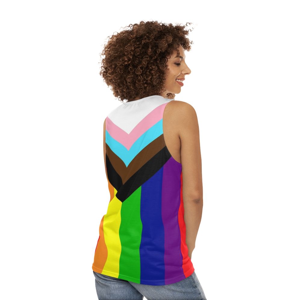 Unisex tank top with progressive rainbow pride flag - women back