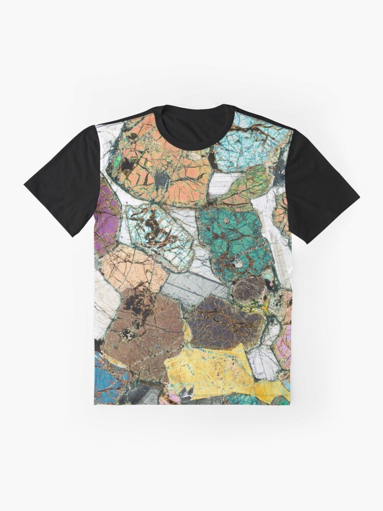 Graphic t-shirt featuring a microscope photo of peridotite, a type of geological rock from Ardnamurchan, Scotland. - Flat lay