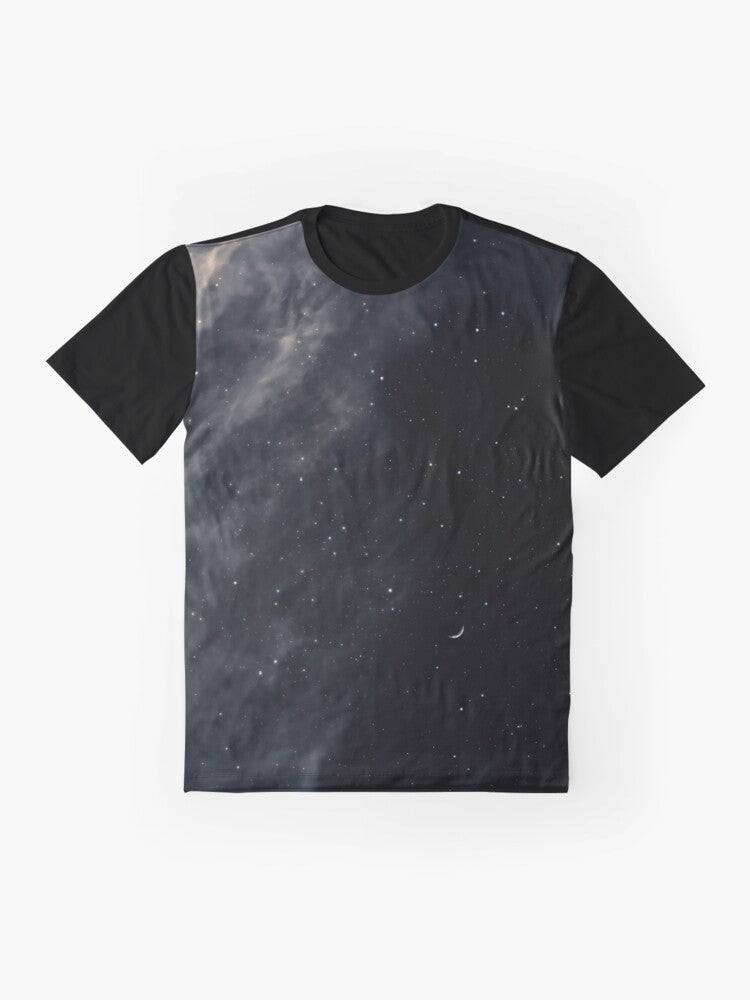 Melancholy landscape graphic t-shirt featuring a night sky with the moon, stars, and a dark, moody scene - Flat lay