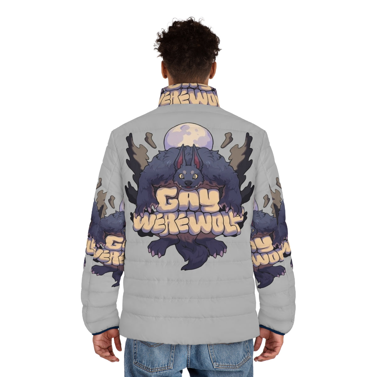 A vibrant puffer jacket featuring a gay werewolf design, perfect for outdoor enthusiasts. - men back