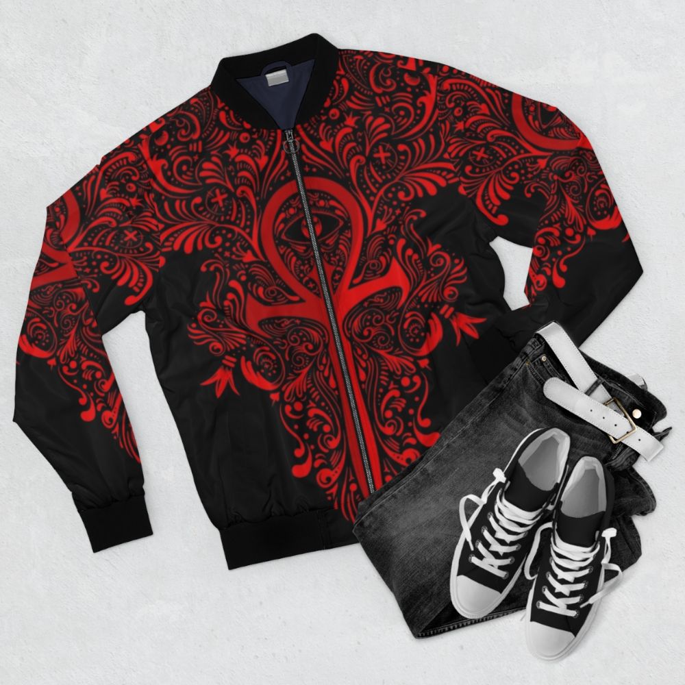 Stylish bomber jacket featuring Vampire: The Masquerade motifs - Flat lay