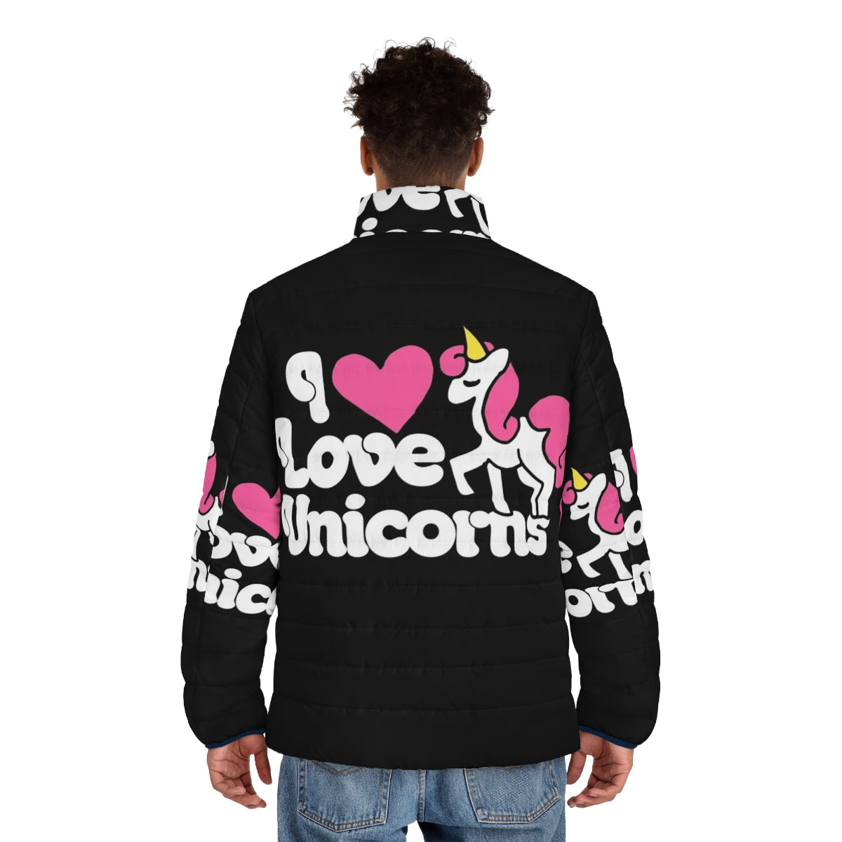 Woman wearing a pink puffer jacket with a whimsical unicorn print design - men back