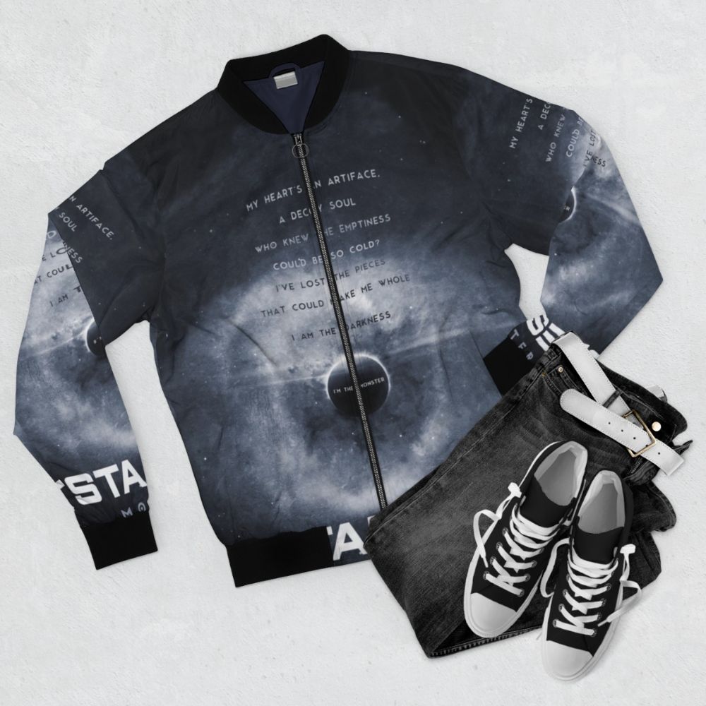 Starset Alternative Music Bomber Jacket with band logo and space-themed graphics - Flat lay