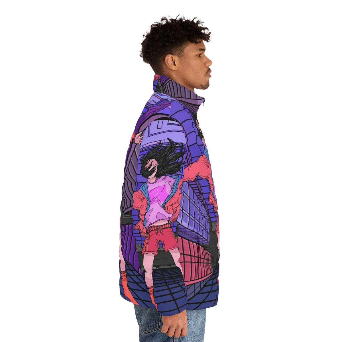 "Let Me Go" Puffer Jacket, cozy winter fashion with a vaporwave aesthetic - men side right