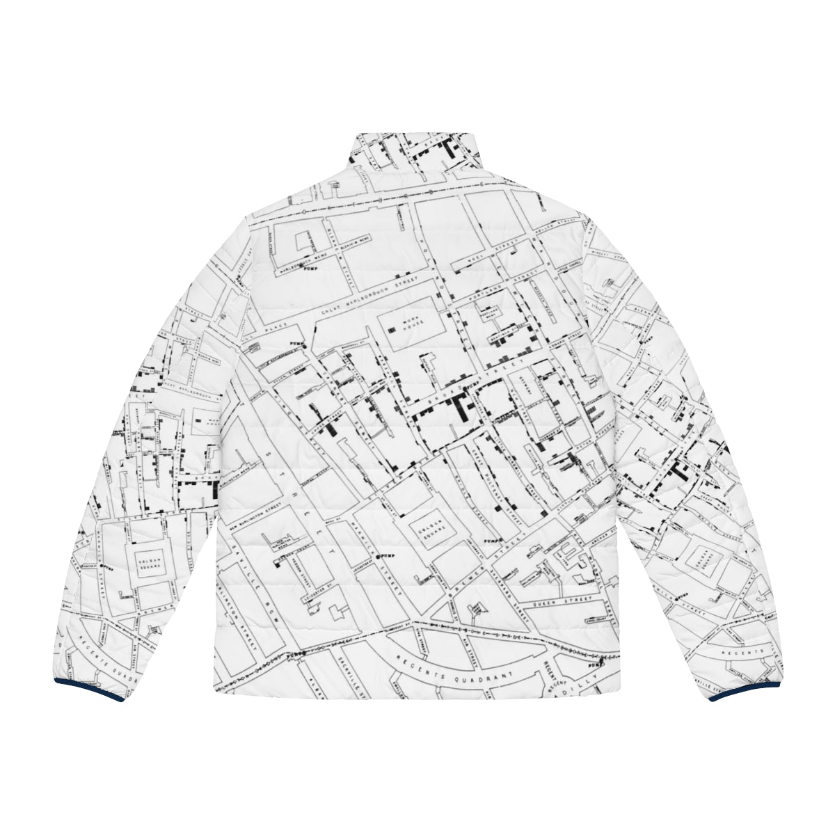 John Snow's Cholera Map Puffer Jacket featuring historic epidemiology and the Broad Street pump in Victorian London - Back