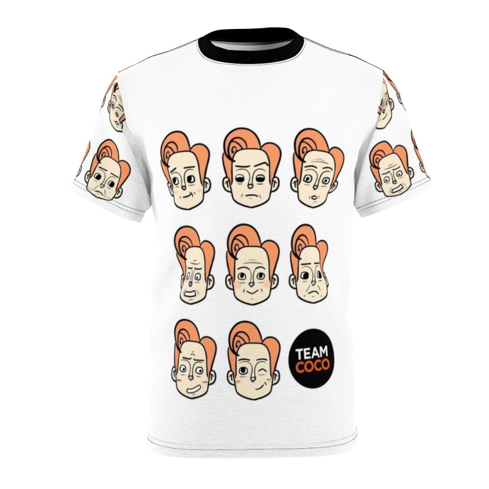 T-shirt featuring various expressions and faces of Conan O'Brien, the popular late-night TV host