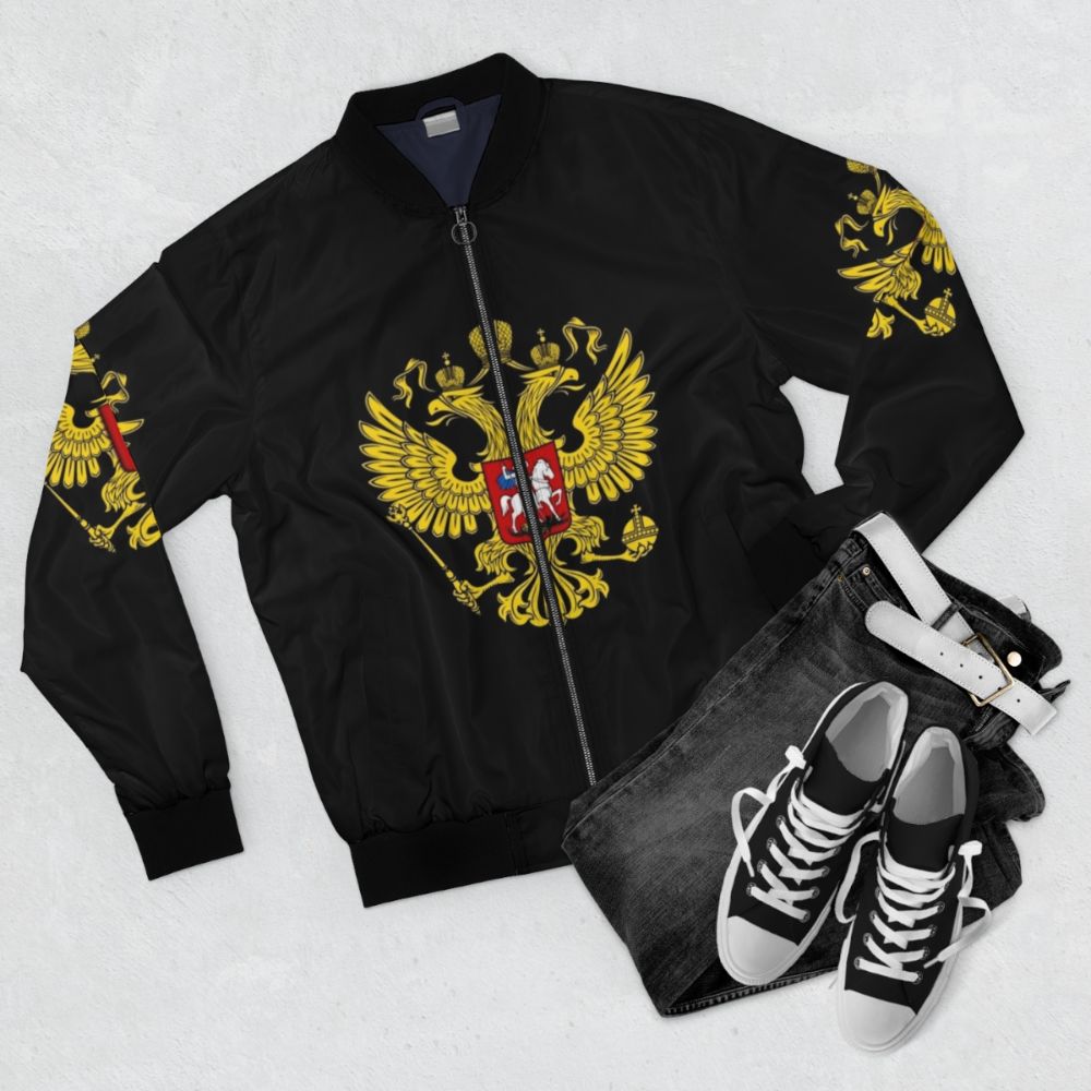 Russian Coat of Arms Bomber Jacket with Russian Federation Emblem - Flat lay