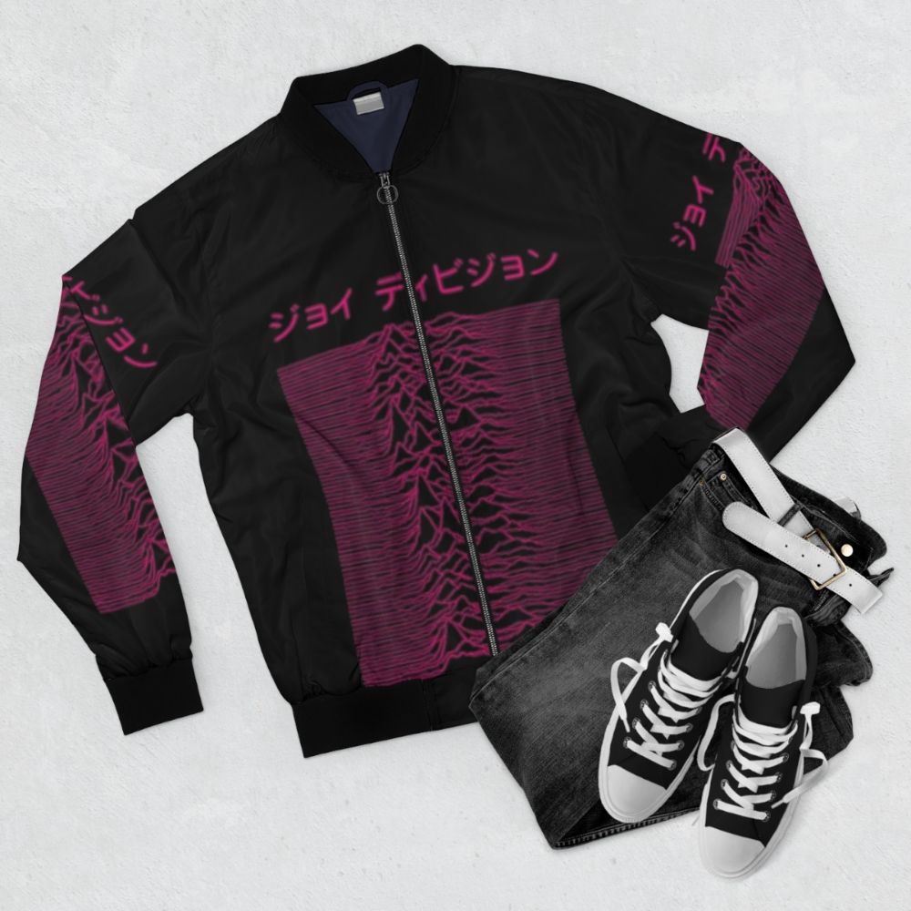 Ian Curtis Joy Division inspired bomber jacket with floral and sound wave graphics - Flat lay