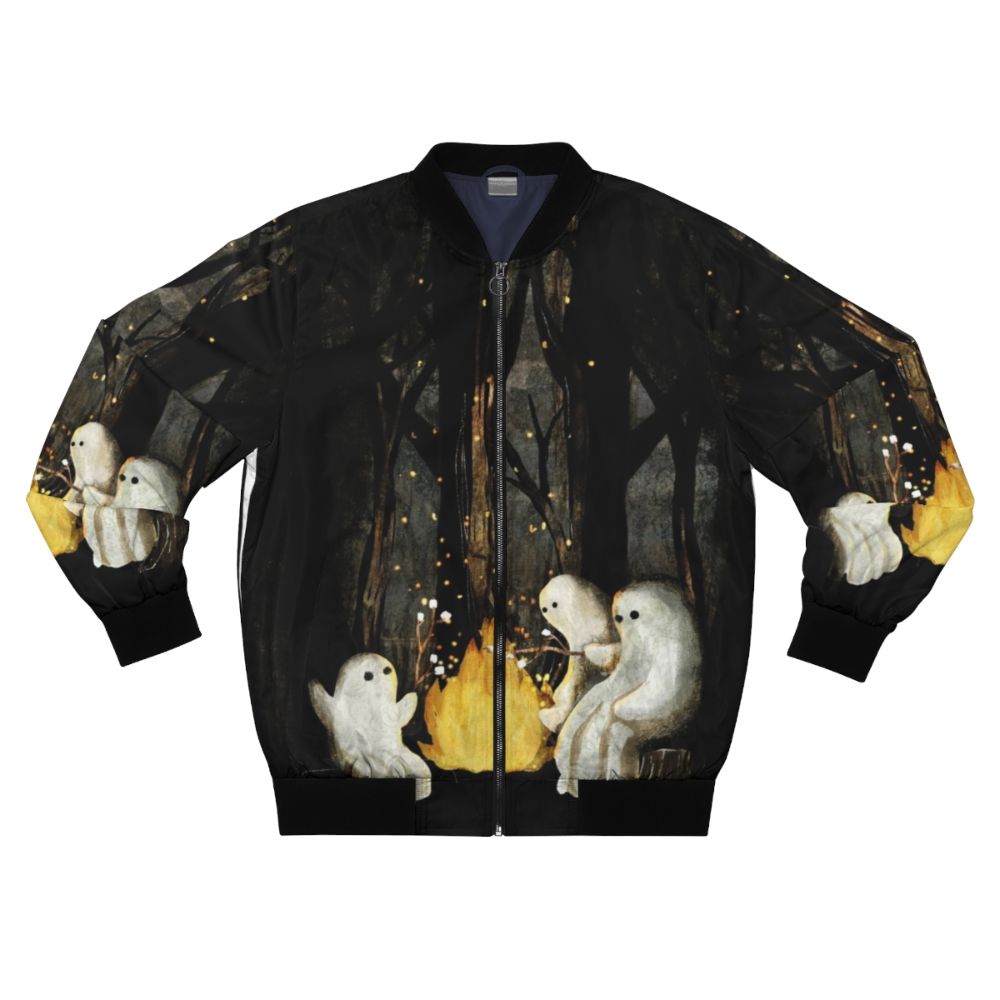 Marshmallows and ghost stories bomber jacket with a spooky forest design