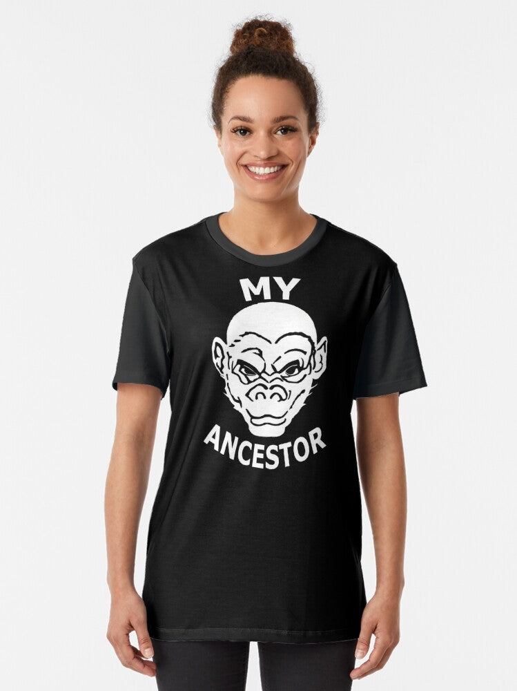 Graphic t-shirt featuring an evolutionary ancestor design with an ape or monkey silhouette - Women