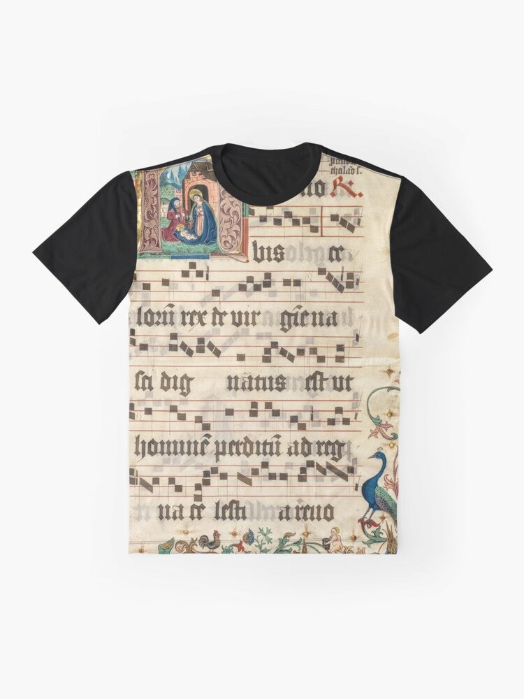 Graphic t-shirt featuring an intricate illuminated manuscript design with religious art and gothic style - Flat lay