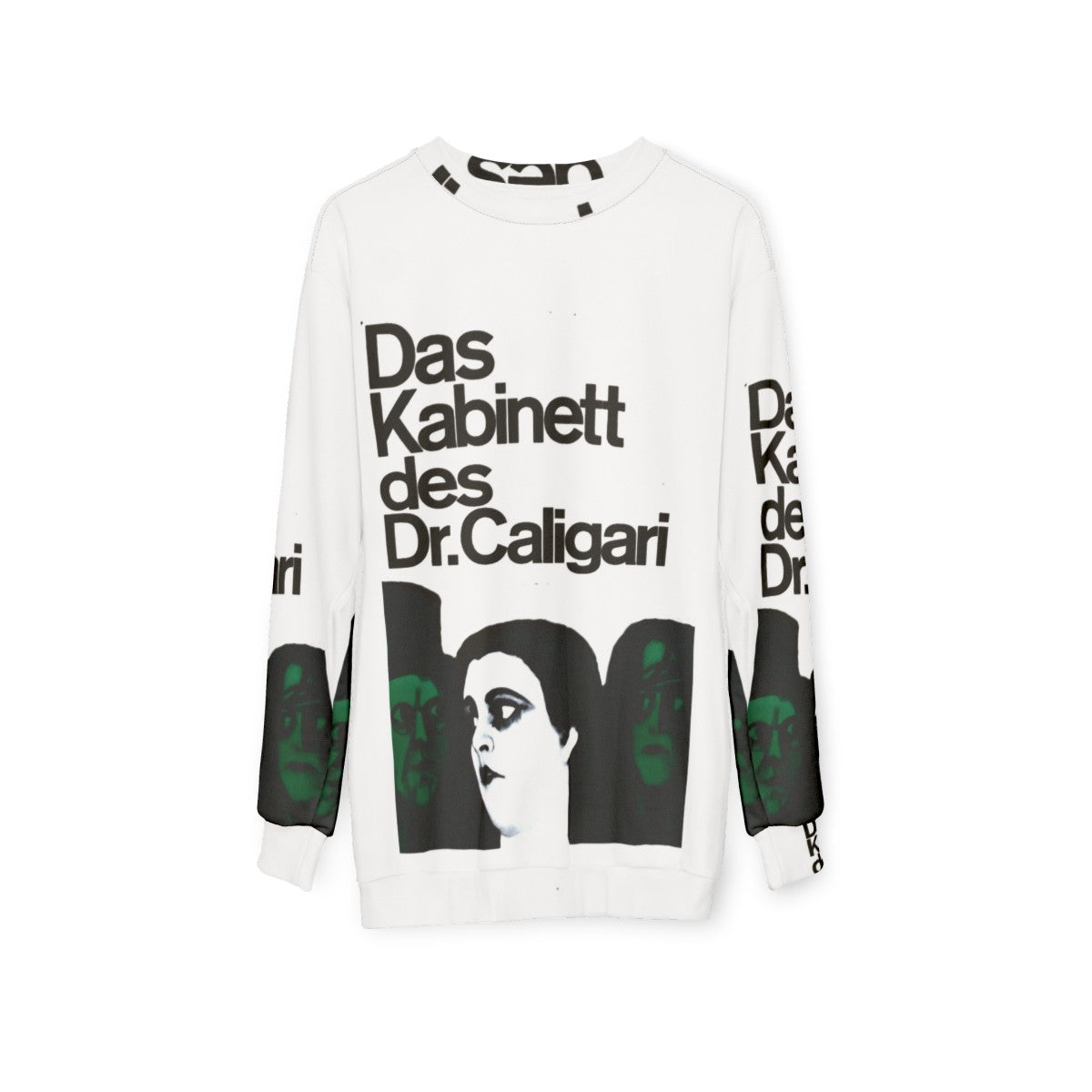 Vintage sweatshirt featuring the classic silent film "The Cabinet of Dr. Caligari" and its iconic poster design - hanging