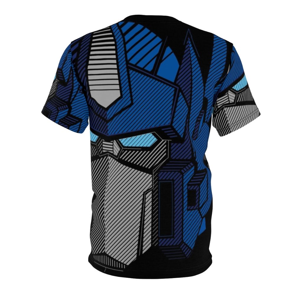 Vibrant all over print t-shirt design featuring a transformer-inspired portrait with stripes, textures, and a retro, classic anime style. - Back