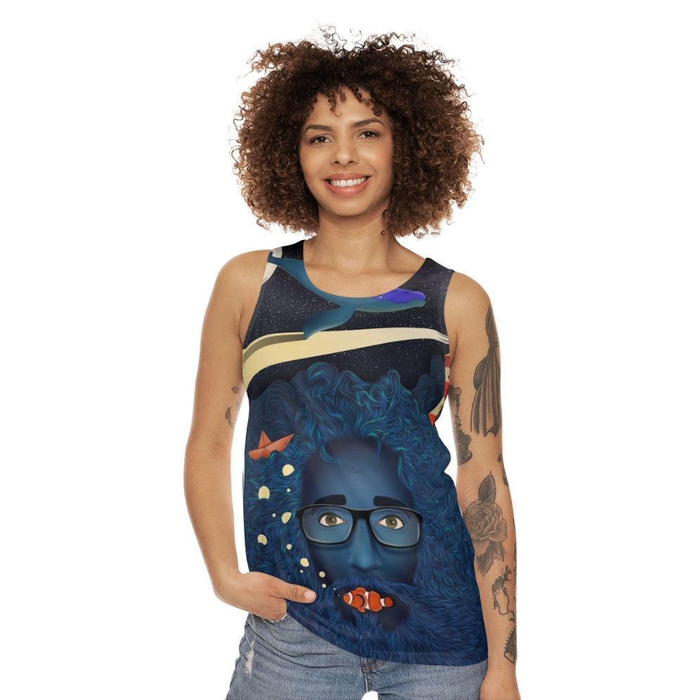 Unisex tank top with a deep thoughts and calma art ocean-themed fantasy design - women