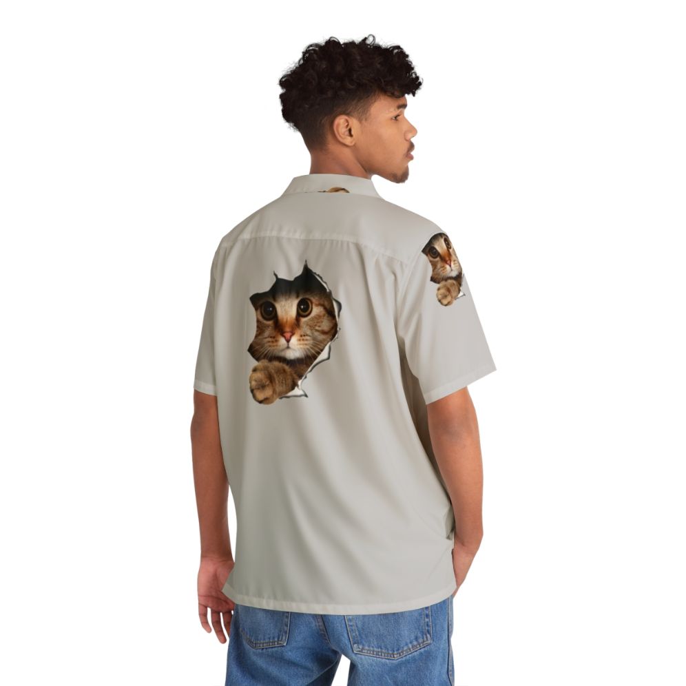 Cartoon Cat Peeping Out from Hawaiian Shirt - People Back