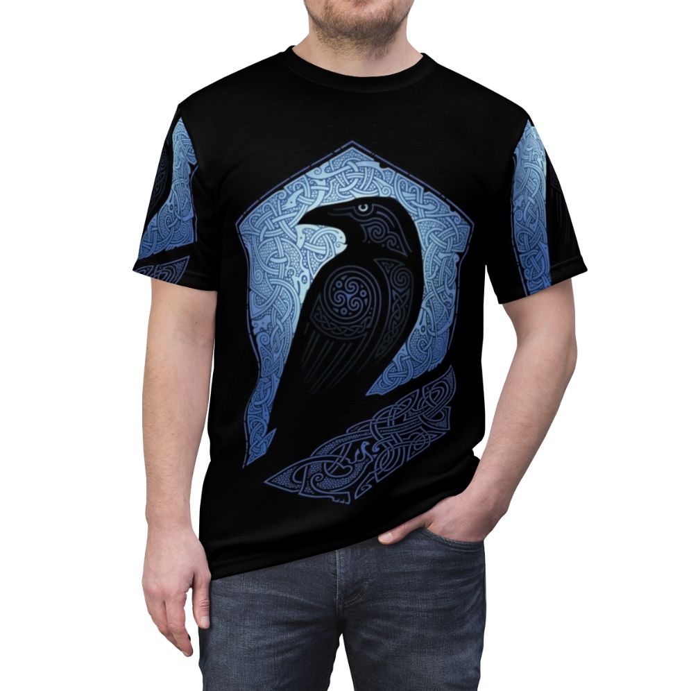 Mystical guardian raven silhouette design on a blue t-shirt - men front