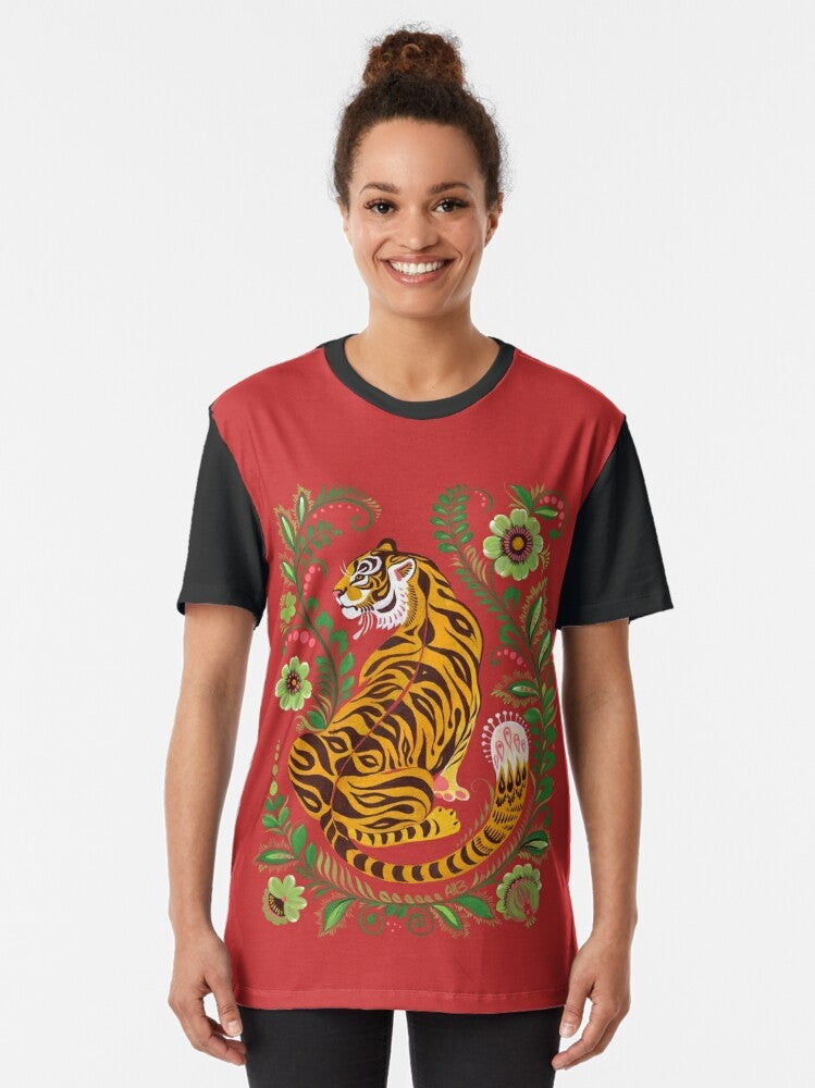 Vibrant tiger in folk art style graphic t-shirt - Women