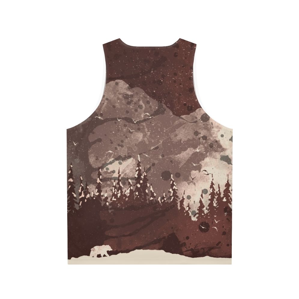 Unisex tank top with a bear design in a winter landscape - Back