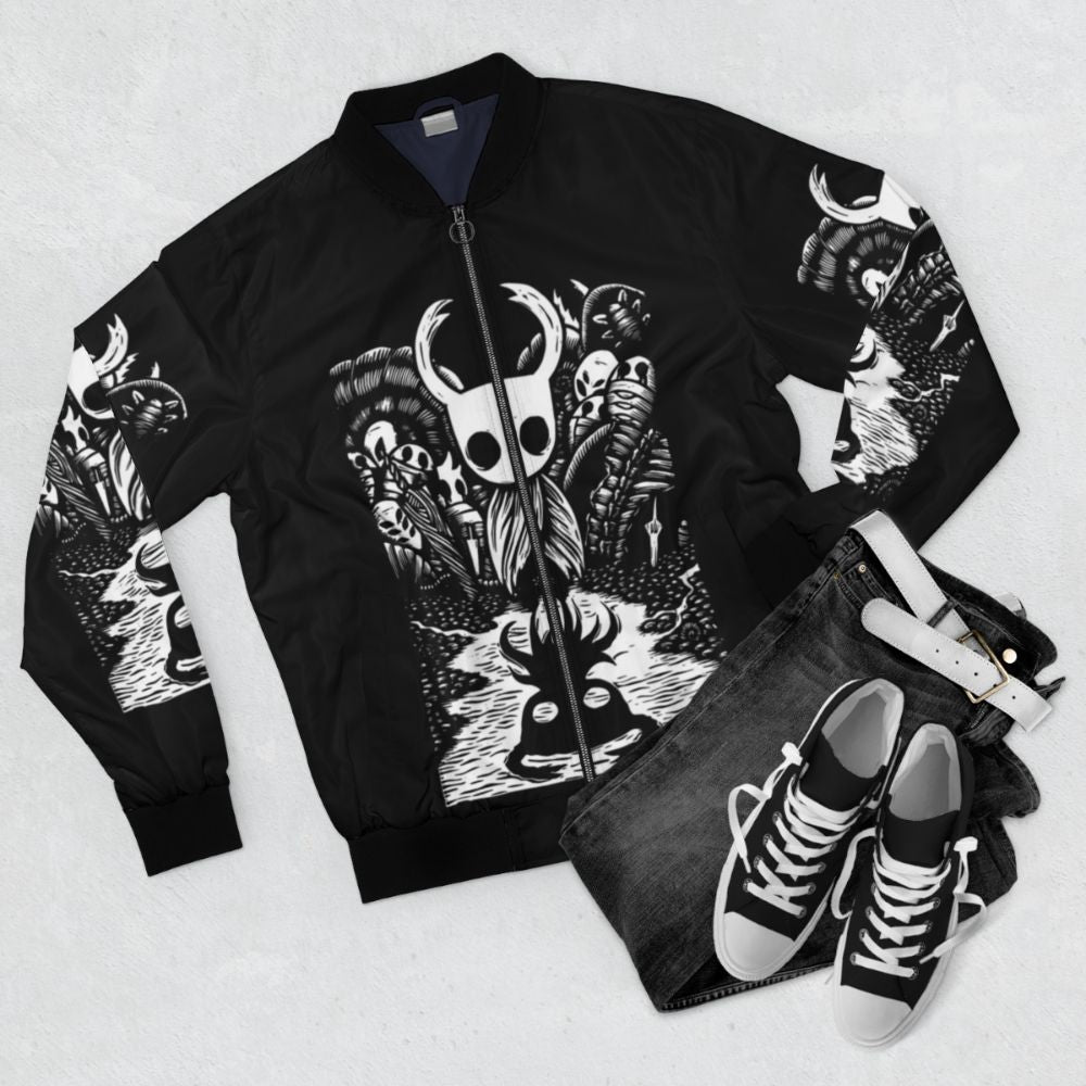 Hollow Knight graphic art bomber jacket for gamers - Flat lay