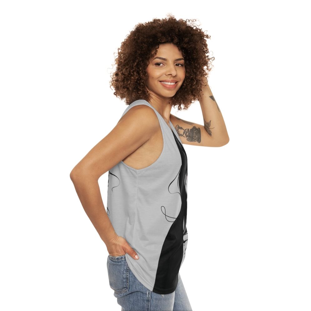 Unisex tank top featuring a black and white portrait - women side