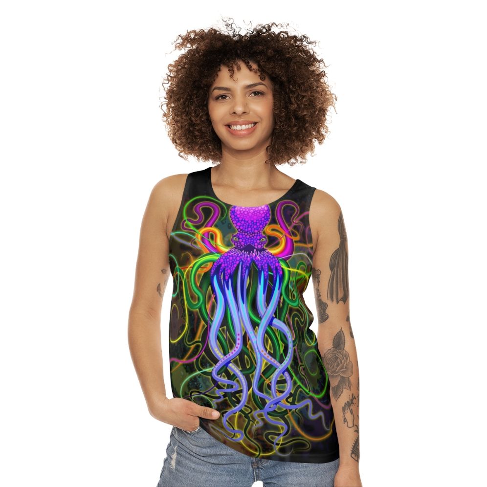 Colorful psychedelic octopus with luminescent tentacles - women