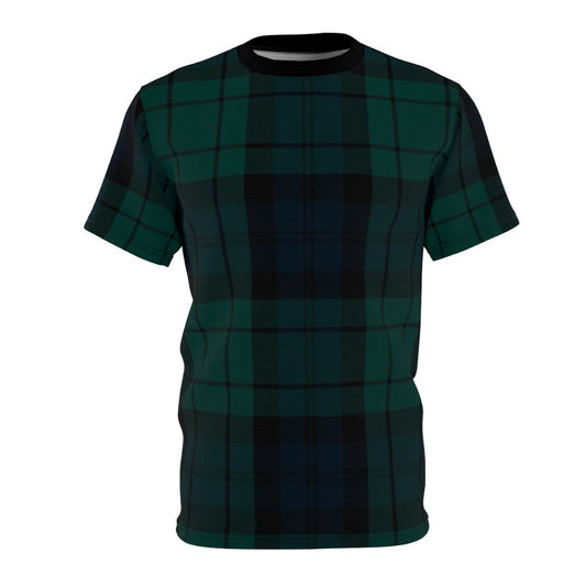 Stylish t-shirt featuring the iconic Black Watch tartan pattern, a celebrated Scottish clan design.