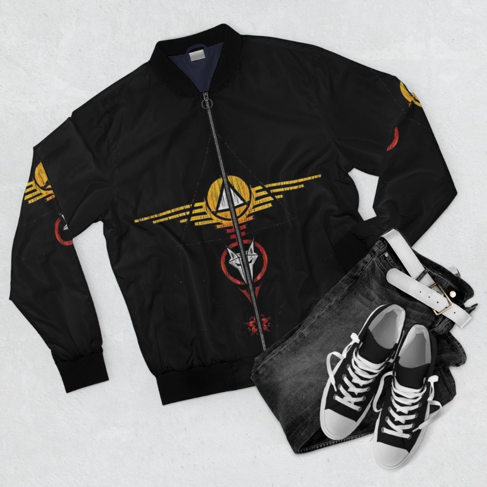 Pierce Brown Red Rising Bomber Jacket with Moon and Sun Graphic - Flat lay