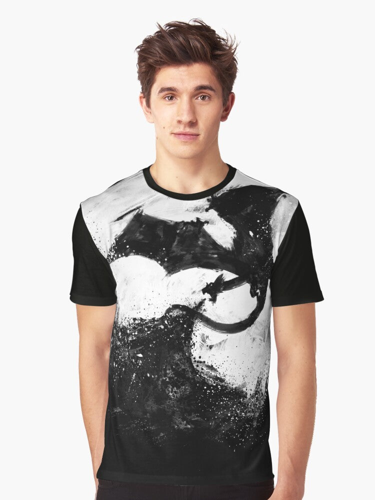 Midnight Desolation graphic t-shirt featuring a fantasy splatter design with a moon, dragon, and fire elements. - Men