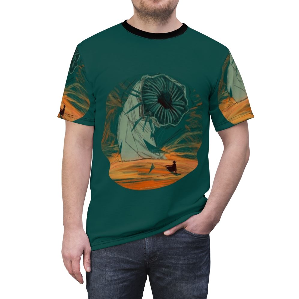 Dune-inspired t-shirt design featuring the desert planet Arrakis and a sandworm - men front