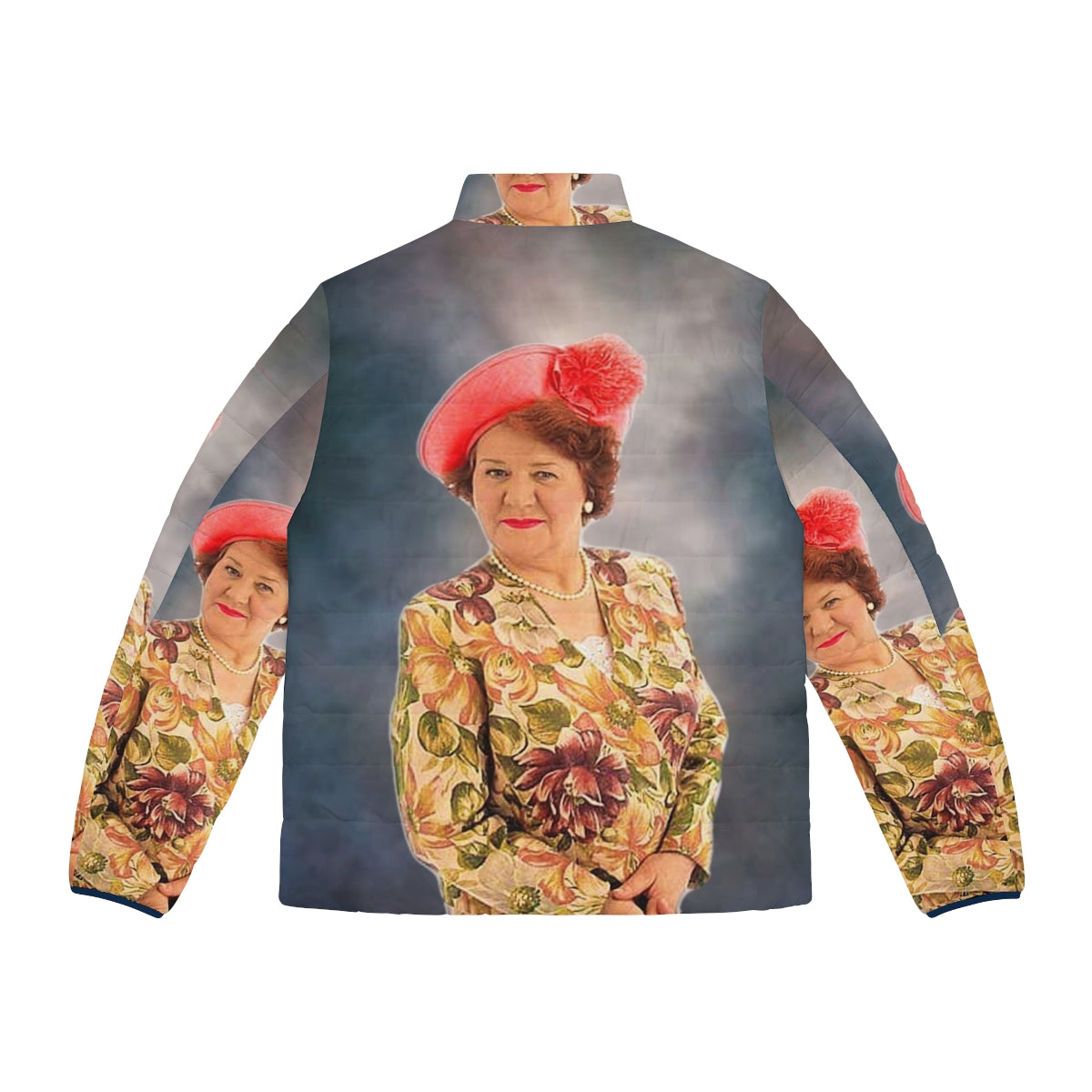 Hyacinth Bucket Puffer Jacket featuring the iconic character from Keeping Up Appearances - Back