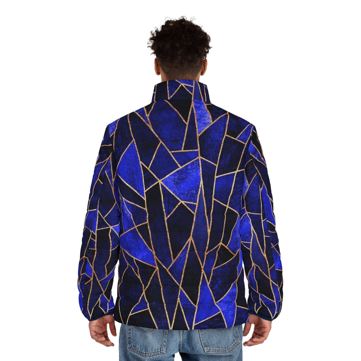 Shattered Sapphire Puffer Jacket with Geometric and Abstract Design - men back