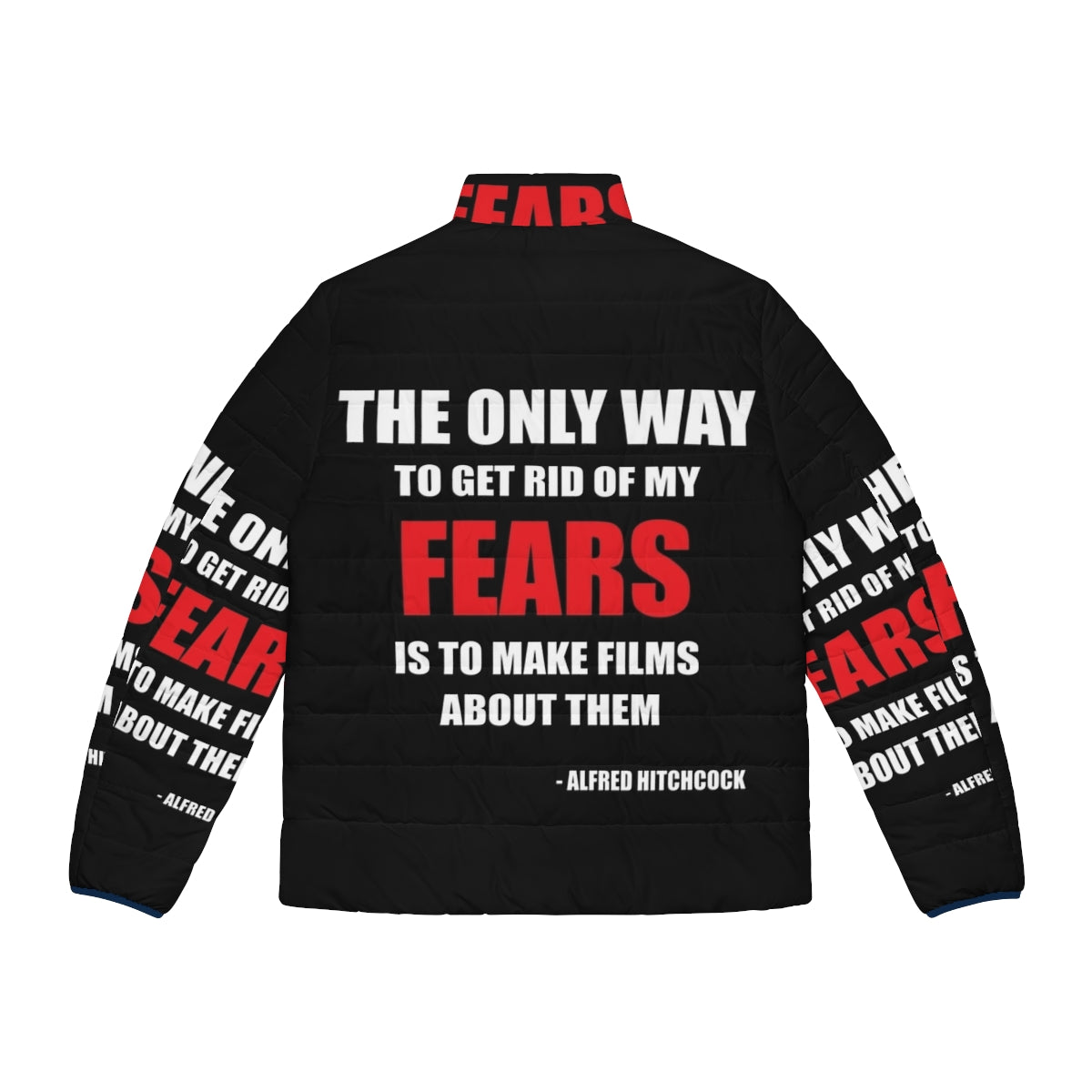 Stylish puffer jacket featuring a classic Alfred Hitchcock quote - Back