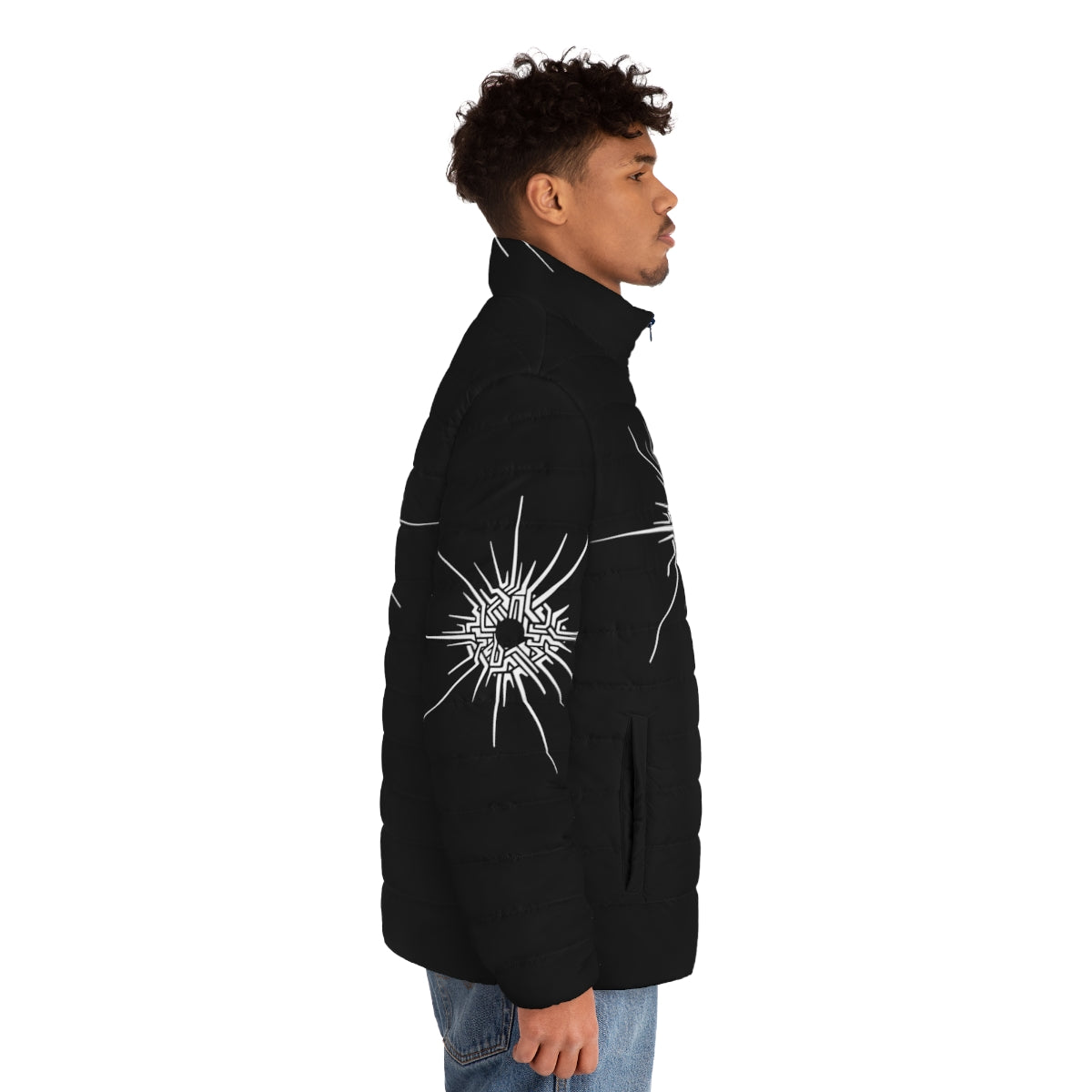 Outer Wilds Eye of the Universe White Puffer Jacket, featuring the iconic eye design from the game - men side right