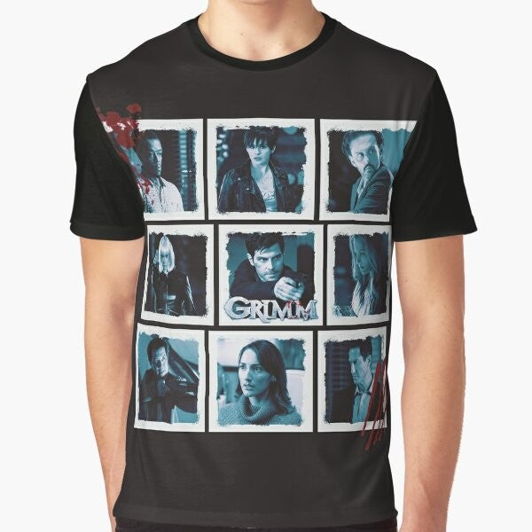 Grimm fairy tale graphic t-shirt featuring characters and elements from the TV show Grimm