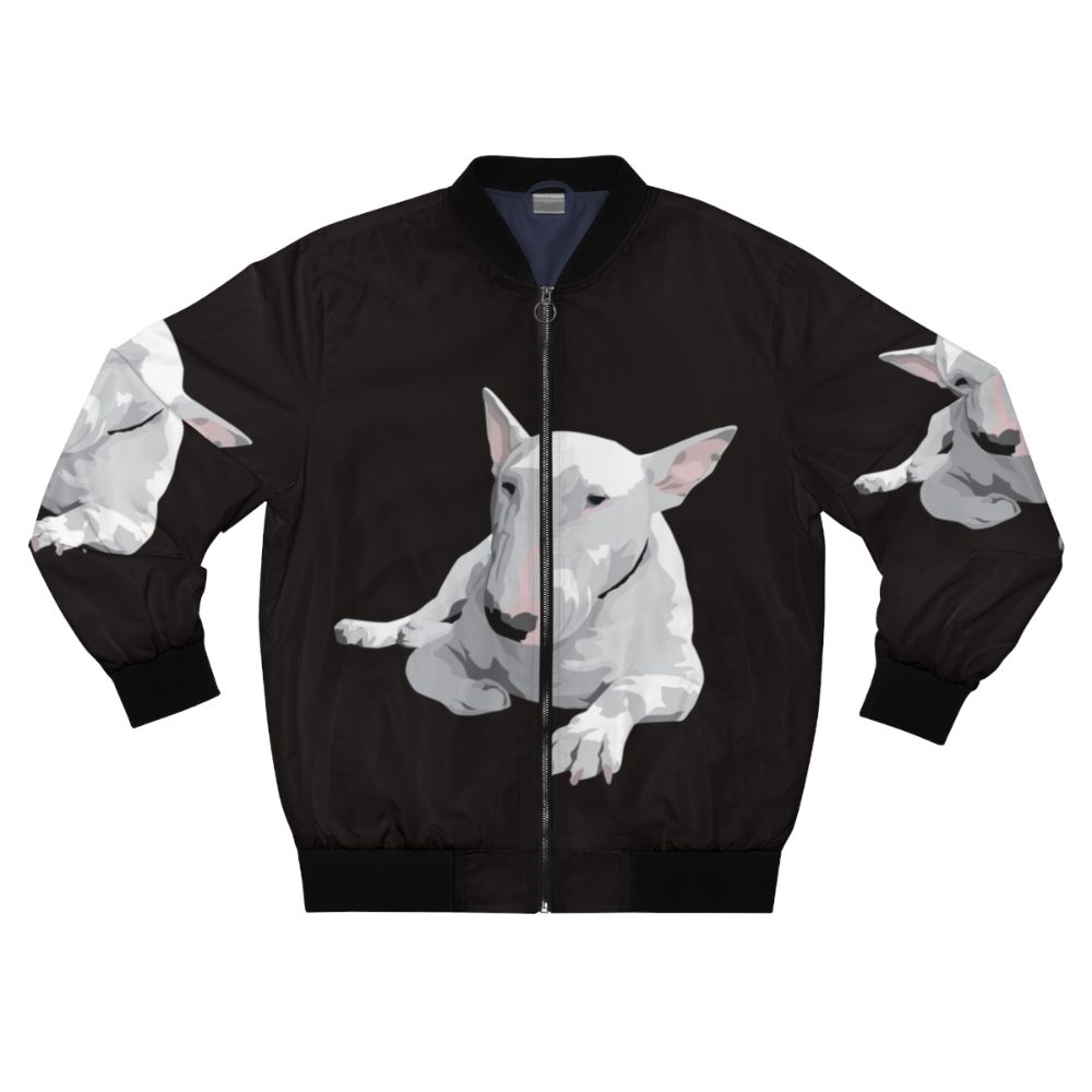 English Bull Terrier wearing a bomber jacket