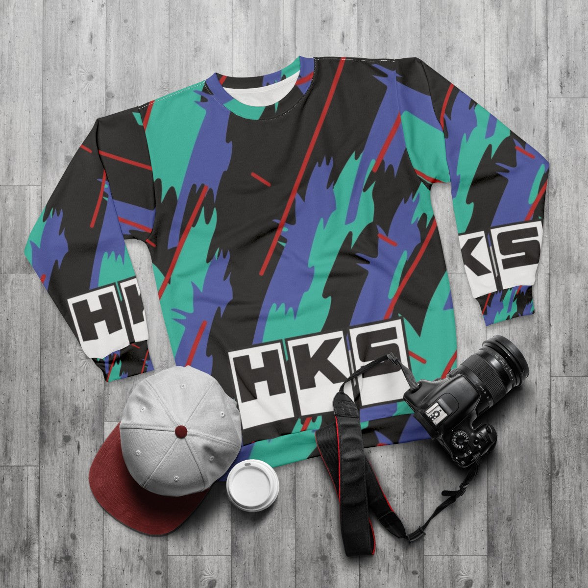 HKS Retro Pattern Sweatshirt - JDM Clothing & Drift Apparel - flat lay