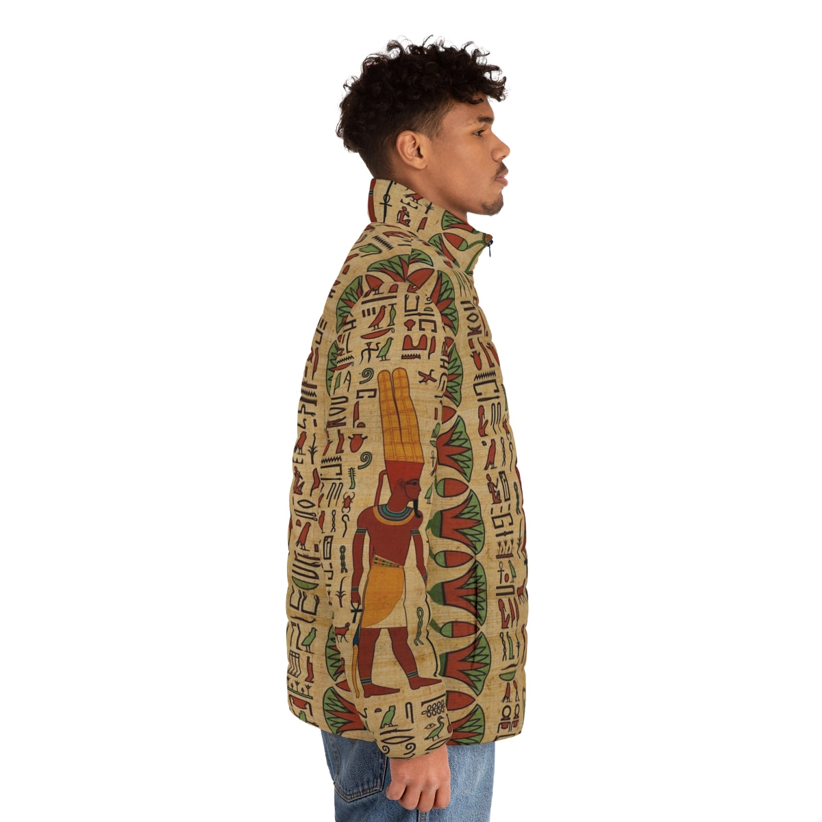 Amun Ra puffer jacket with ancient Egyptian hieroglyphic and papyrus motif - men side right