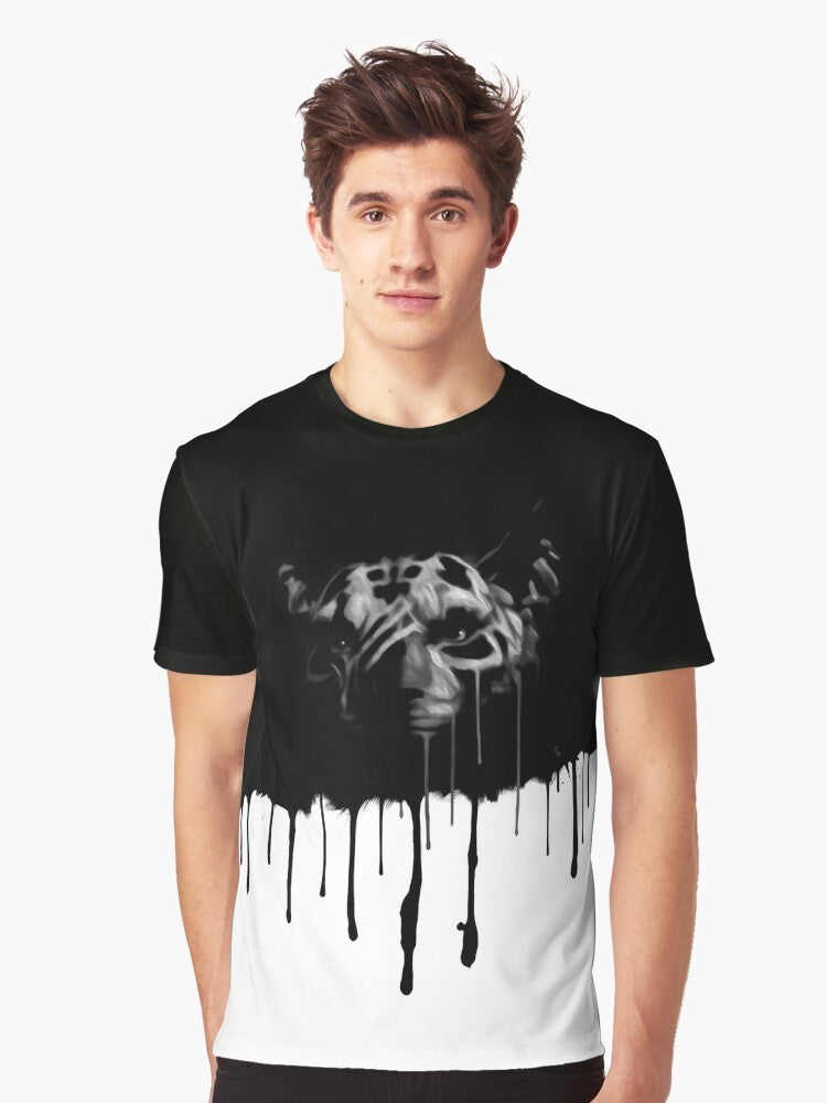 Inigo graphic t-shirt with a messy, splatter design in black and white - Men