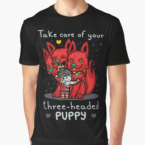 Graphic t-shirt featuring a cute three-headed puppy inspired by the Hades video game character Cerberus.