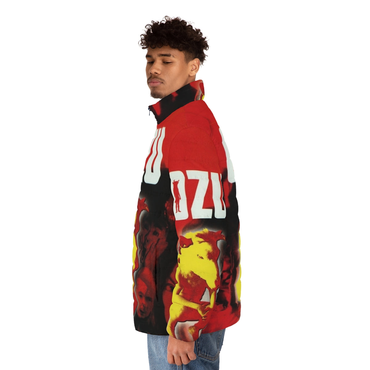 Gozu puffer jacket featuring imagery from the cult classic Japanese horror film - men side left