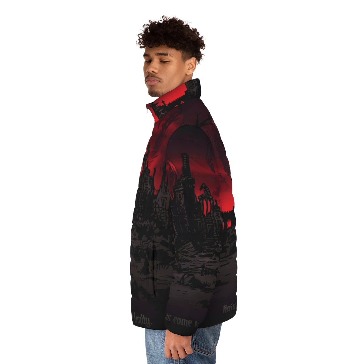 Ruin Puffer Jacket - Dark fantasy puffer jacket with Lovecraft-inspired design - men side left