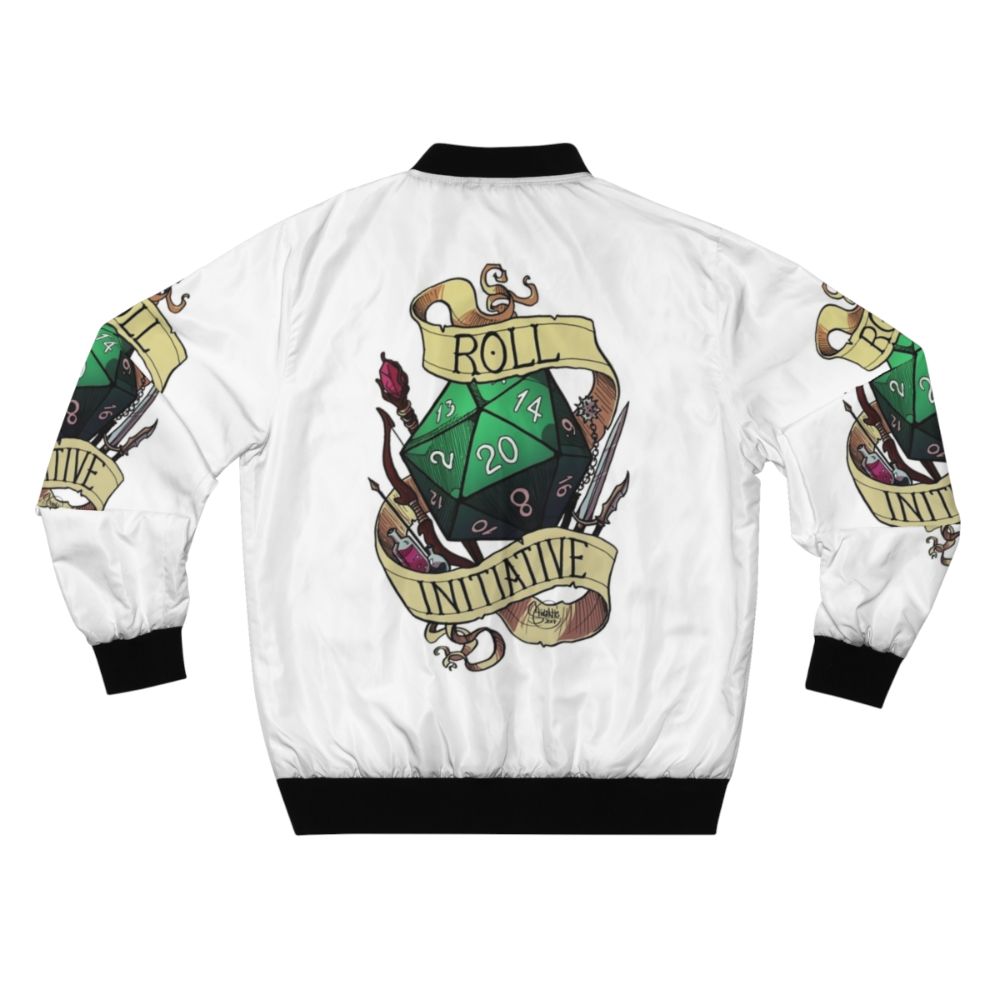 A stylish bomber jacket featuring dice and gaming elements, perfect for DnD fans. - Back