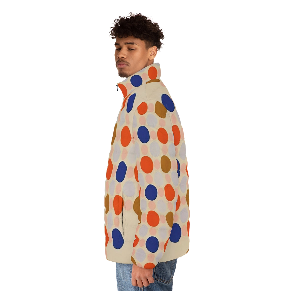 Thomas Downing inspired puffer jacket with vibrant colors and abstract patterns - men side left