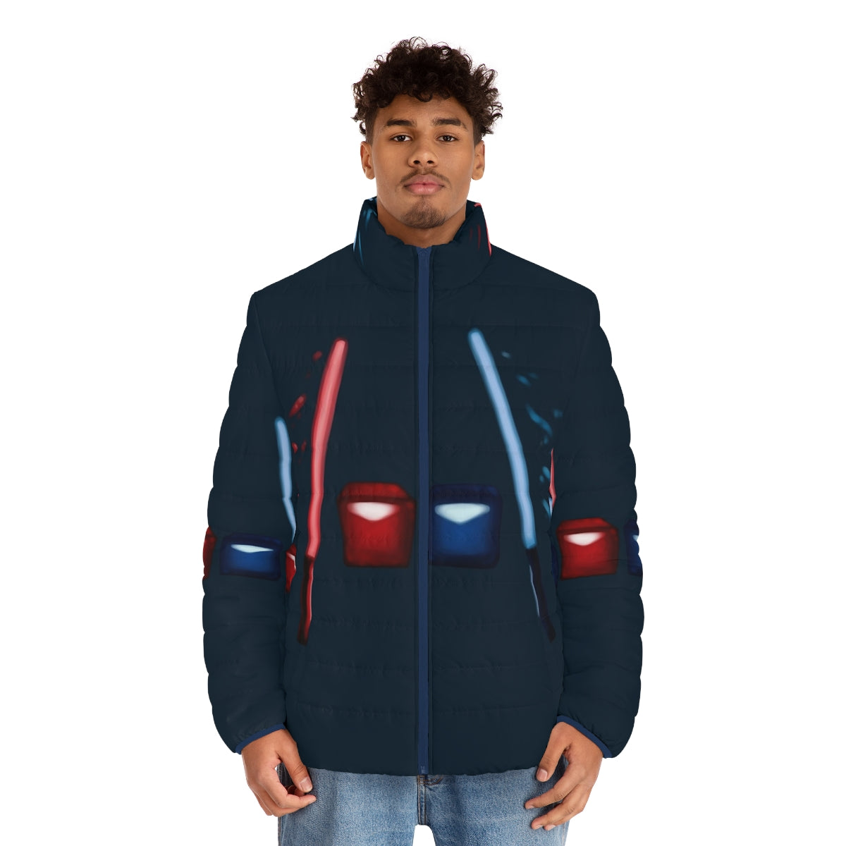 Artsy Beat Saber Puffer Jacket featuring custom cubes and blocks - men front