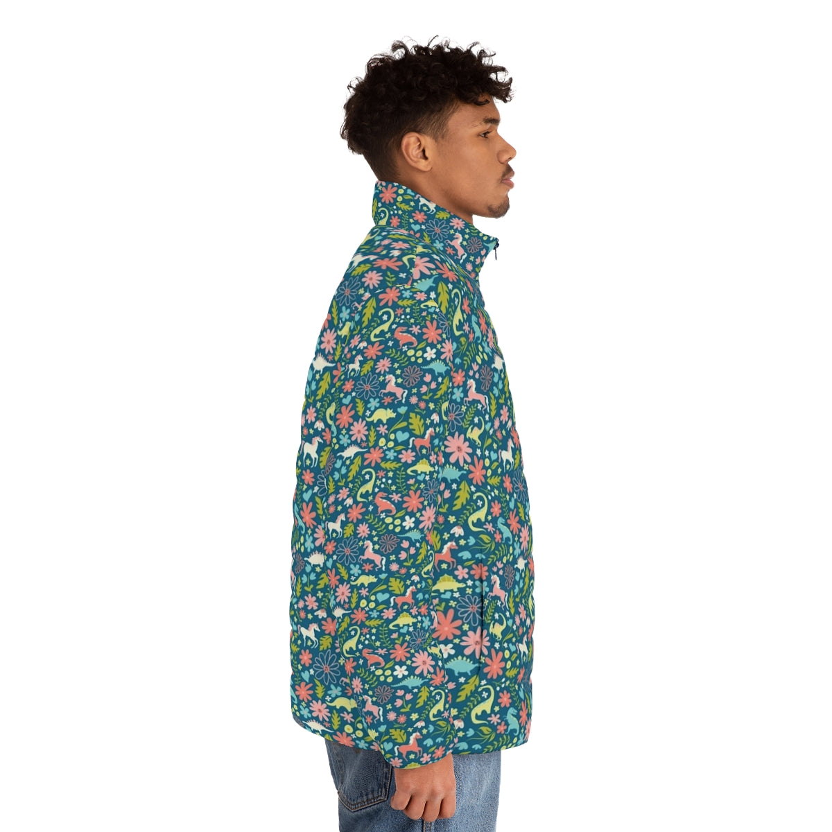 Colorful dinosaur and unicorn puffer jacket with floral pattern - men side right