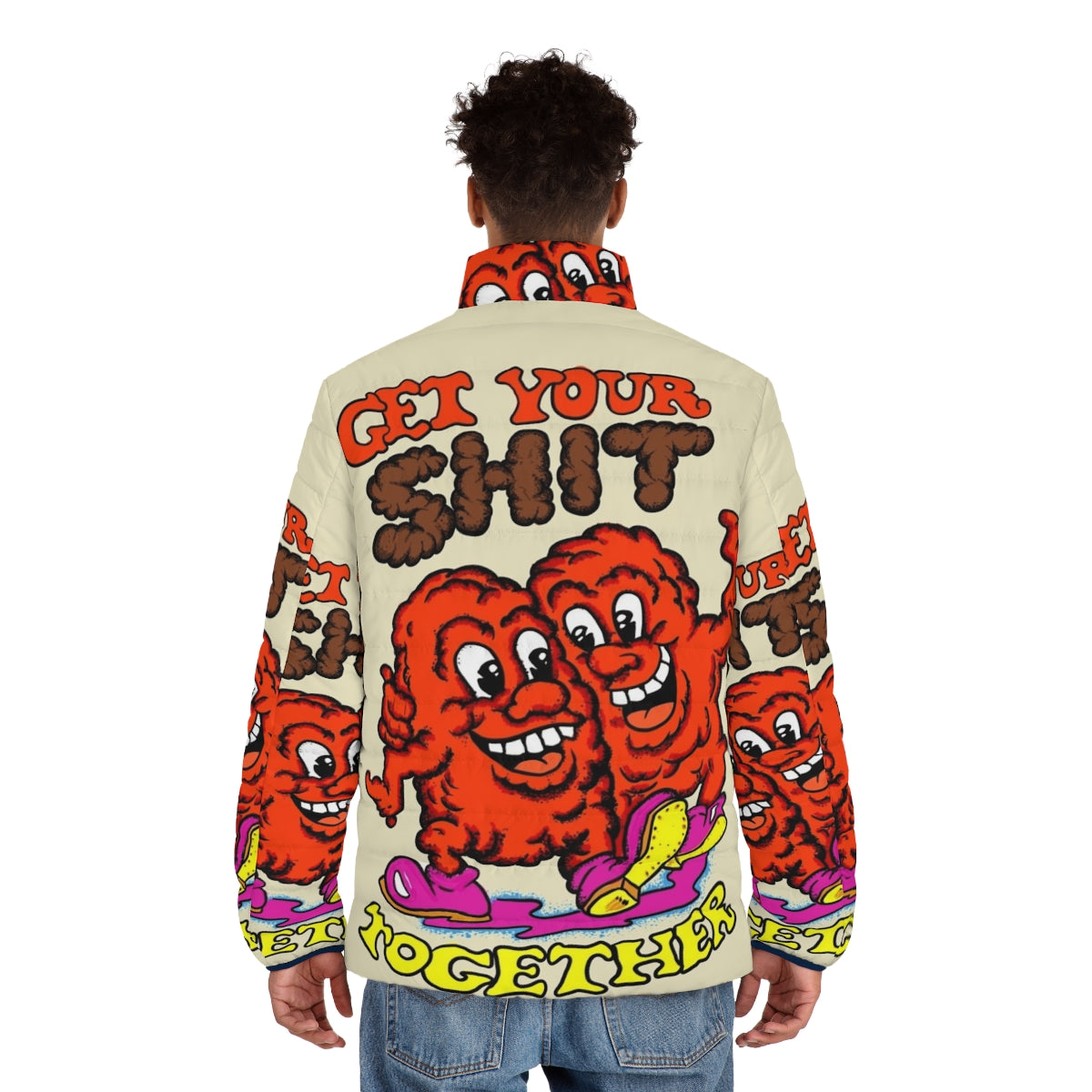 Retro 60s style puffer jacket with humorous "Get Your Shit Together" text - men back