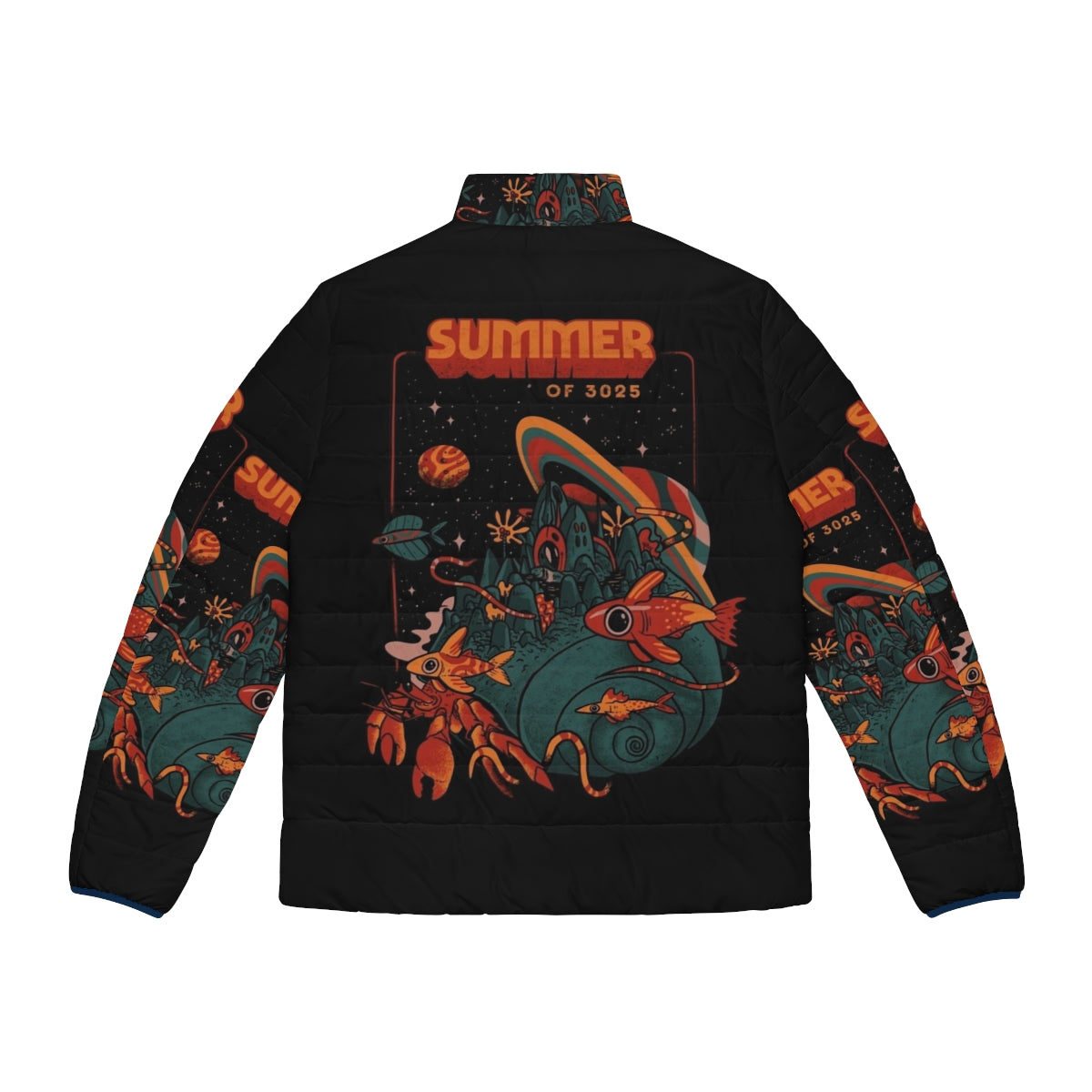 Retro futuristic puffer jacket with cosmic, intergalactic, and aquatic design elements - Back