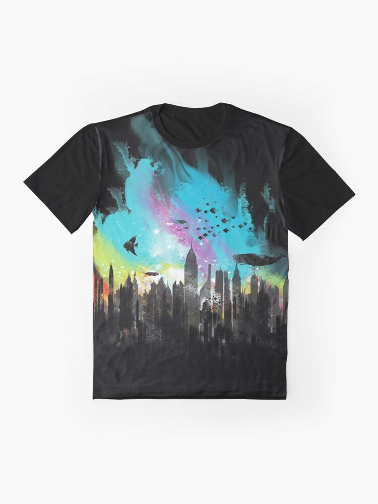 Bioshock Rapture City Graphic T-Shirt featuring a watercolor-style illustration of a whale, fishes, and the Big Daddy robot from the Bioshock video game. - Flat lay